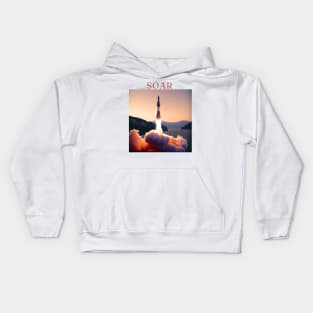 "Solar Soar - Majestic Rocket Launch Tee, Sunset Horizon Design, Vibrant Red, Orange, and White T-shirt, Inspirational 'Soar' Motif, Aesthetic Space Exploration Shirt" Kids Hoodie